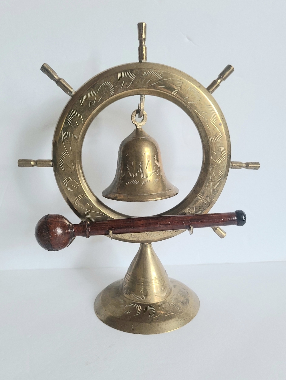 Vintage Brass Nautical Ship Wheel Bell with Wooden Stick